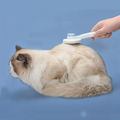 Self-cleaning cat brush with blue handle and metal needles for grooming pets