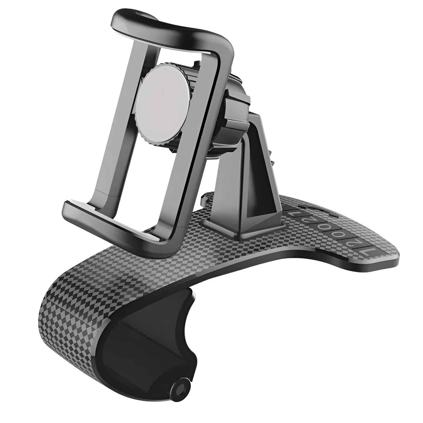 Black universal car phone holder with 360-degree rotating head on a car dashboard.