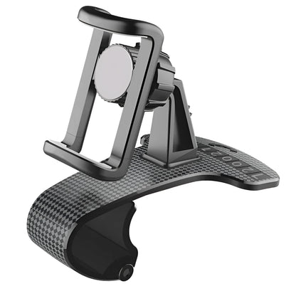 Black universal car phone holder with 360-degree rotating head on a car dashboard.