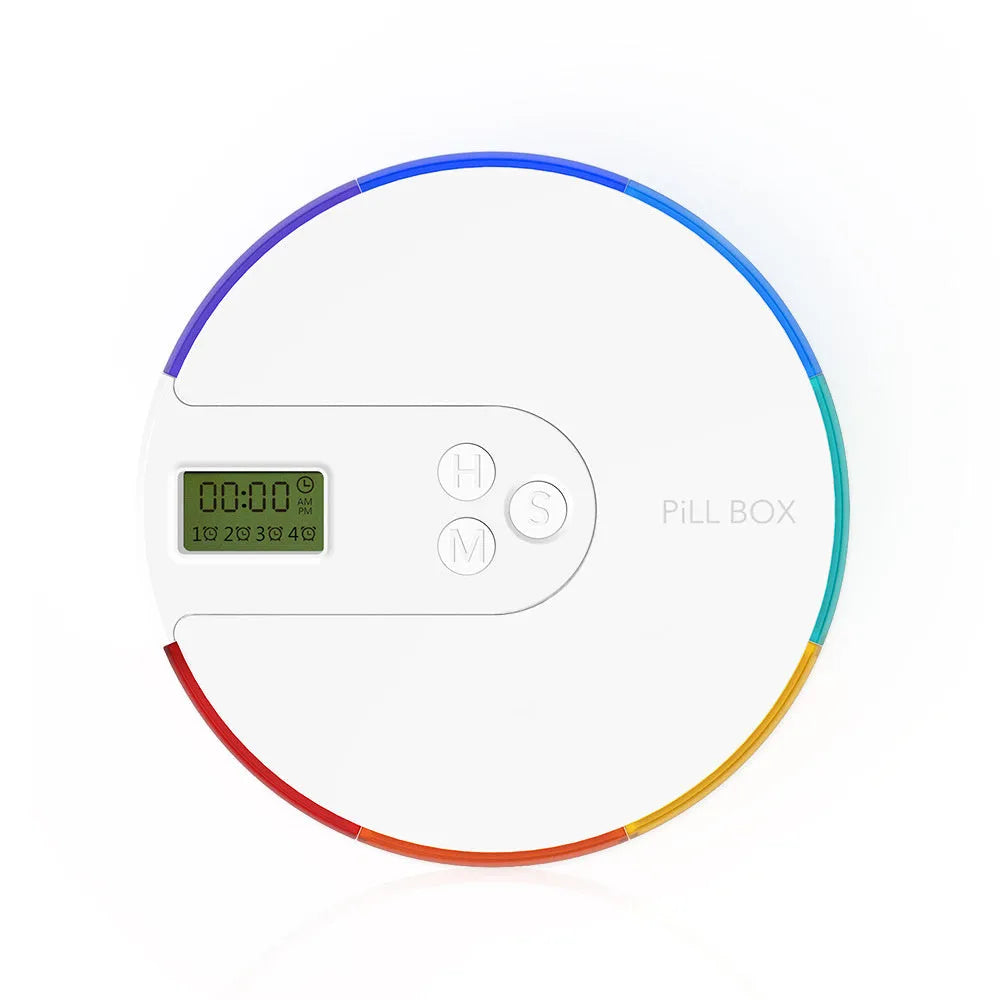 7-compartment alarm clock pill dispenser showing medication organisation with timer display