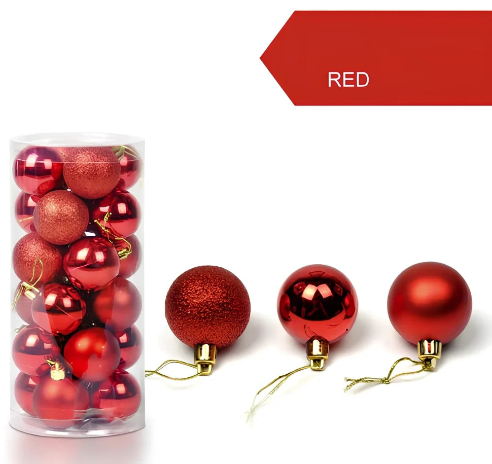 Christmas ball decorations in blue, green, purple, red, rose red, and silver colours showing 4cm, 6cm, and 8cm size comparison
