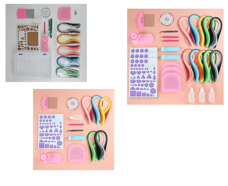 Paper craft kit showing gradient colour paper packs, paper winding disc, wave shaper, and tools in storage box