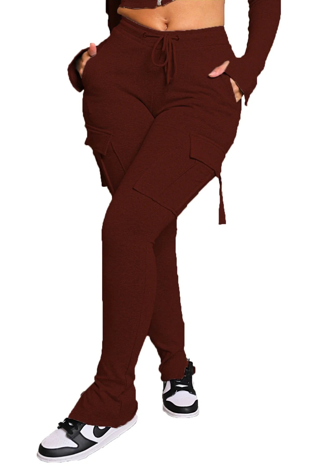 Versatile high-waisted cargo pants for women with pockets, drawstring, and wide leg design