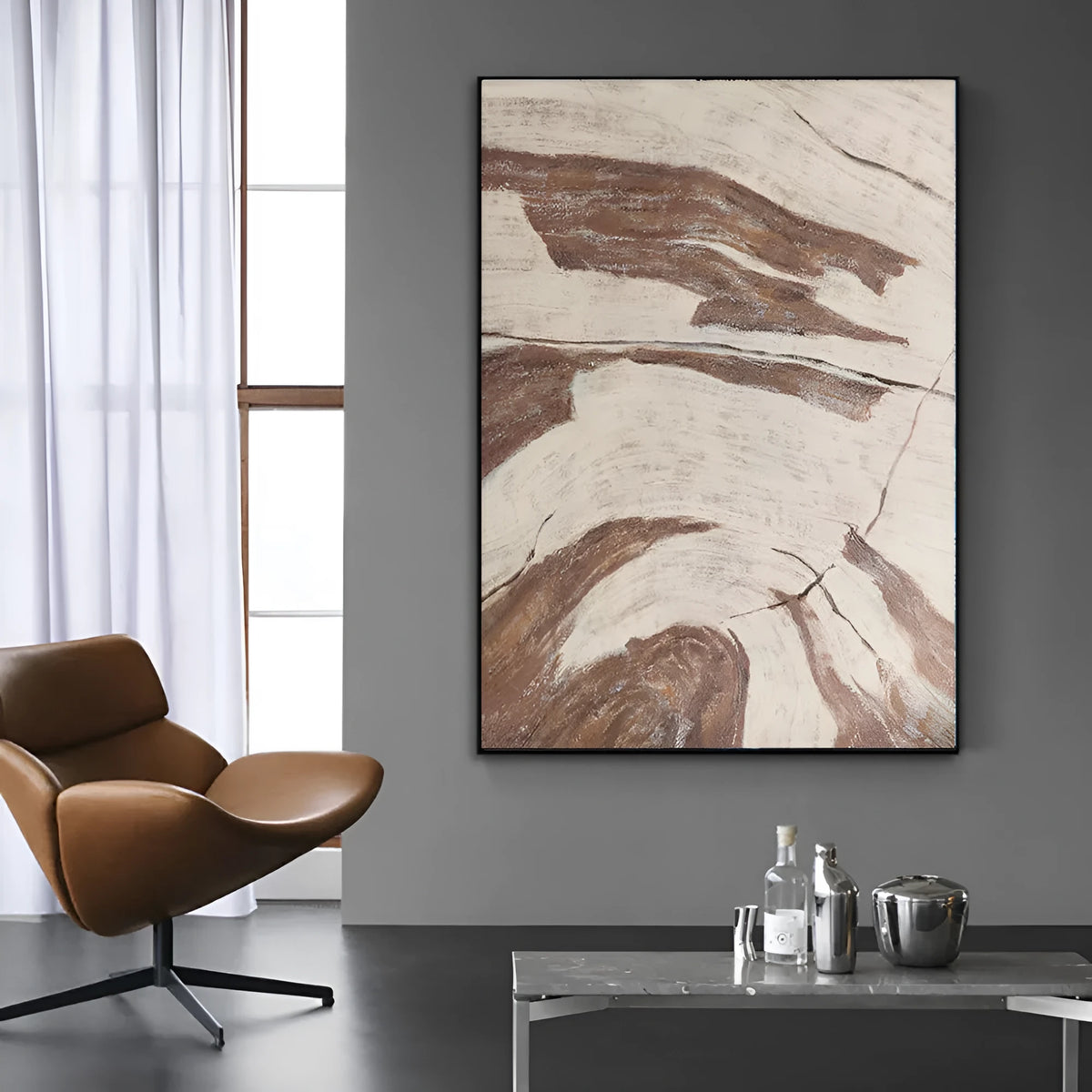 Handmade abstract oil painting on canvas in Morandi colours, rolled frameless wall art for living room or bedroom.