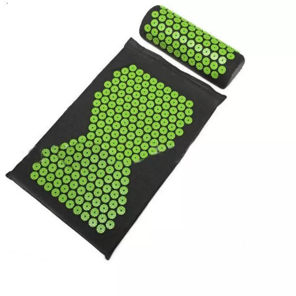 Acupuncture yoga cushion and pillow set with 210 pins for muscle relief, available in multiple colors.