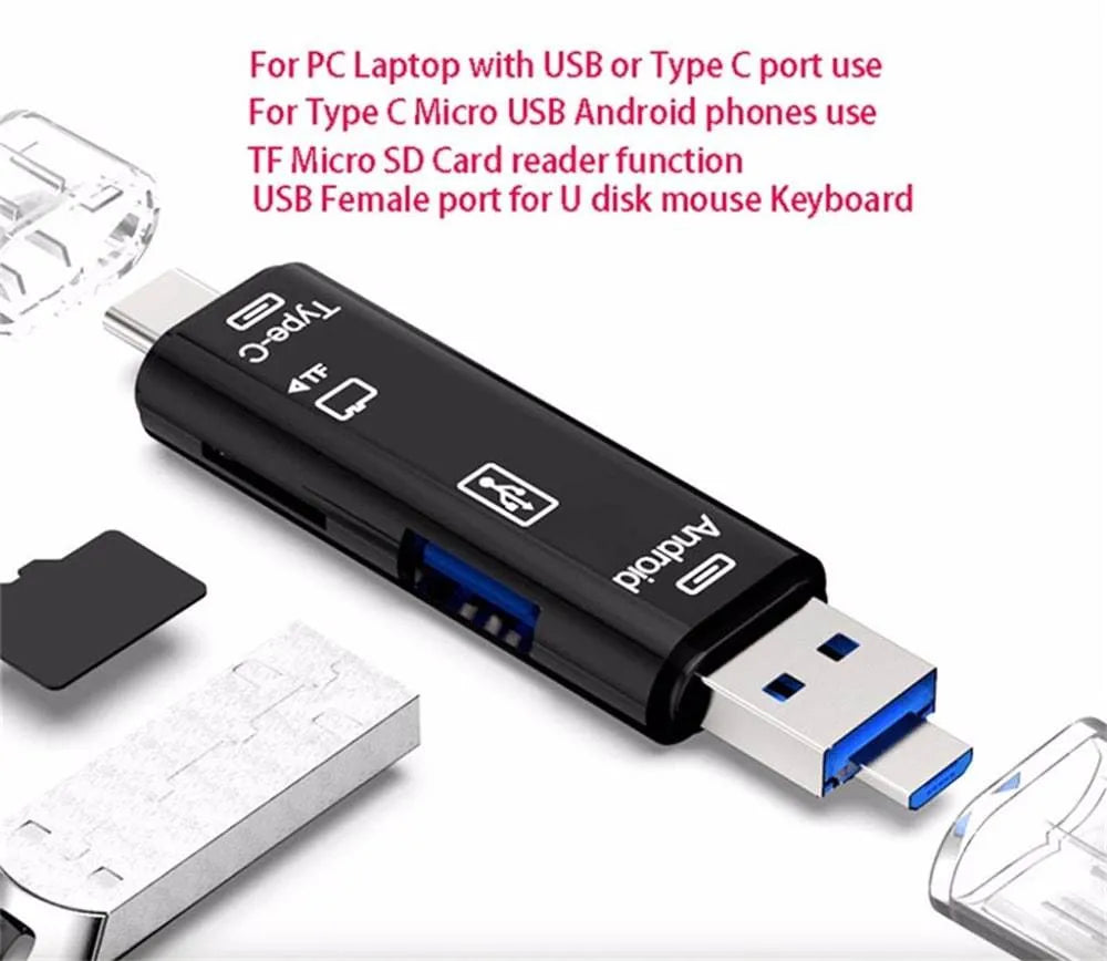 Black Type-C Micro USB OTG adapter with USB-A port and TF card slot on a white background.