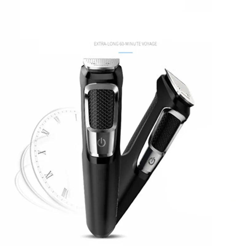 Men's nose hair and beard trimmer with cleaning brush and charging cable on a white background.