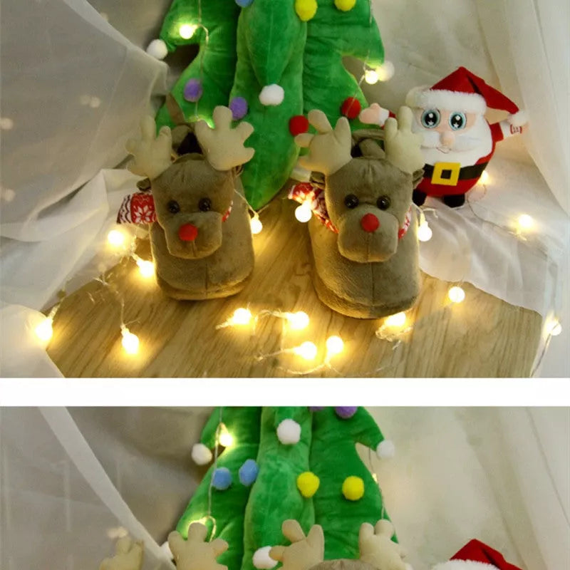 Christmas elk slippers for couples in yellow and khaki, plush material, sizes 35-43