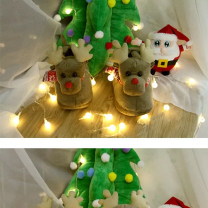 Christmas elk slippers for couples in yellow and khaki, plush material, sizes 35-43