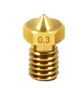 Brass 3D printer nozzle with M6 thread showing different outlet aperture sizes on a white background.