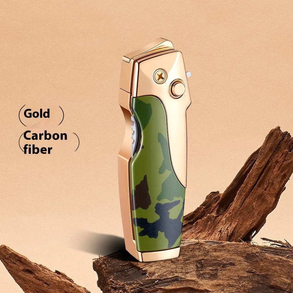 Metal folding lighter with integrated knife showing zinc alloy construction and safety lock mechanism
