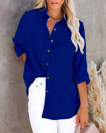 Women's long sleeve V-neck button shirt in cotton linen blend, available in multiple colors