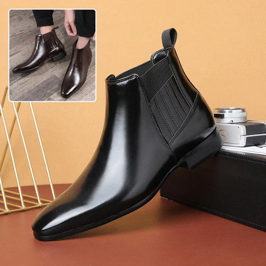 Sleek Chelsea-style boots for men with pointed toe and square heel, available in black and brown colors