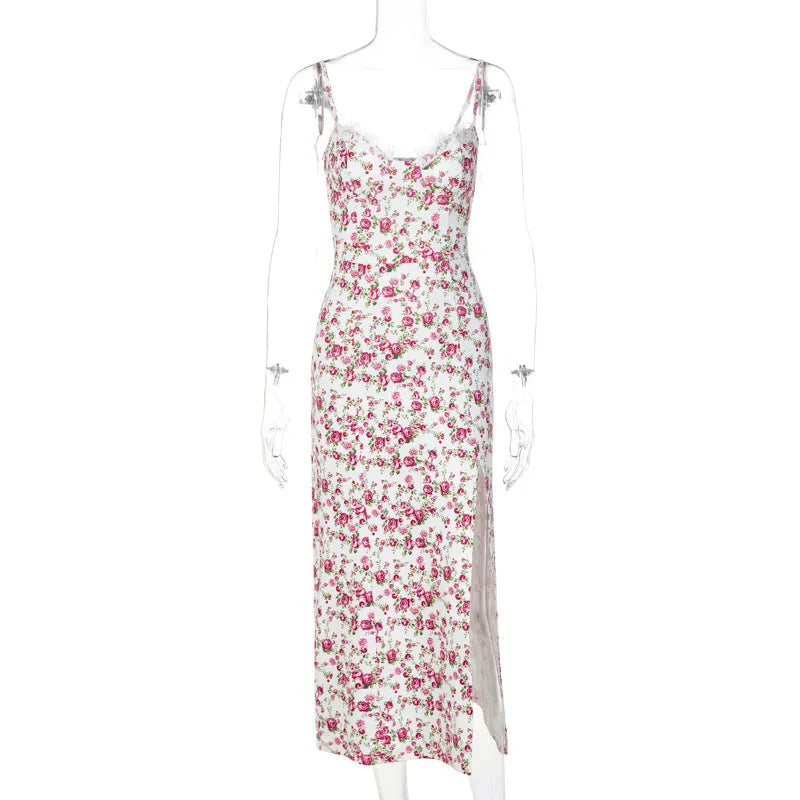 Women's lace print long dress with suspender straps and side slit in blue, green or red