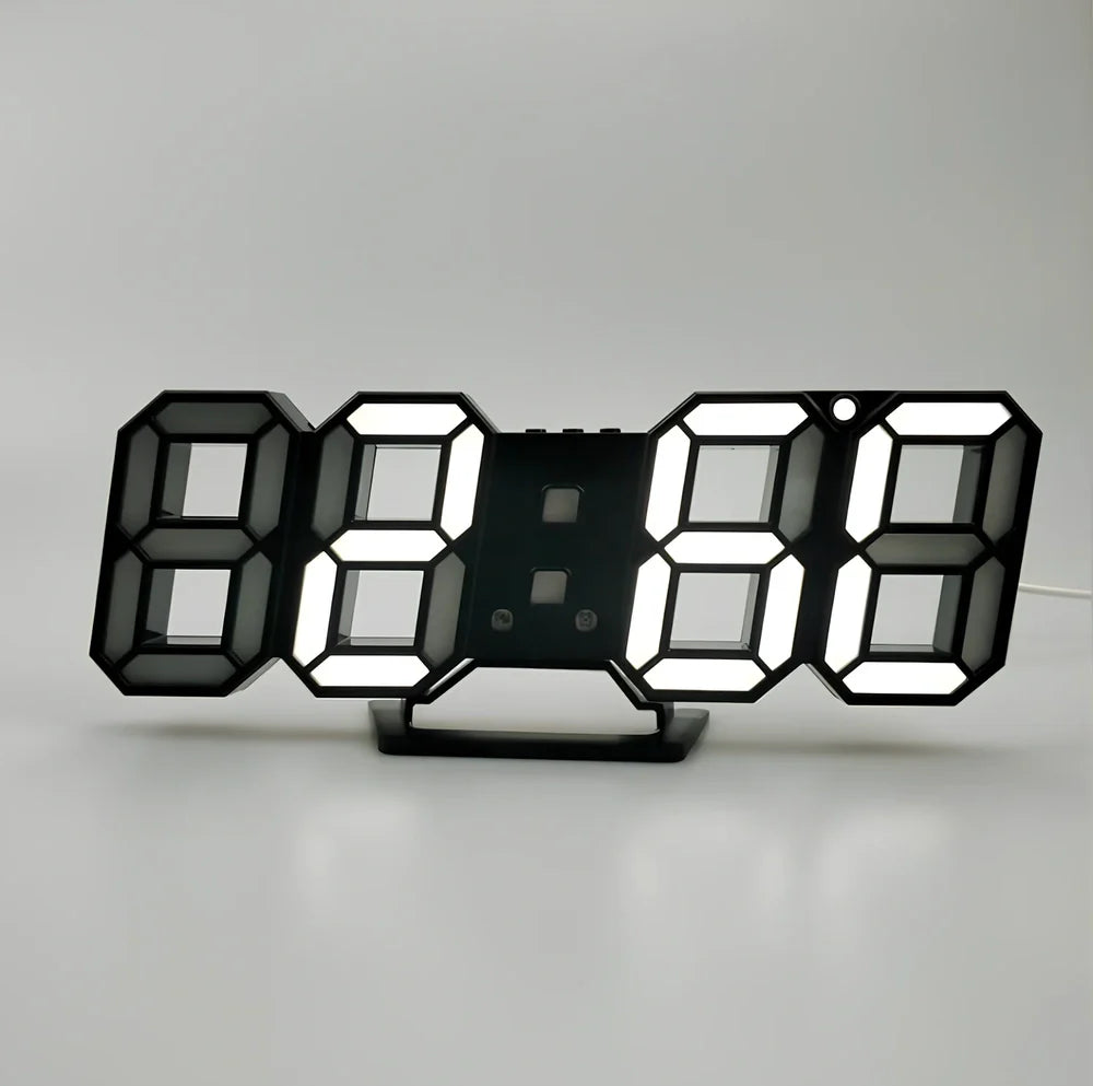 3D LED digital clock showing time and temperature display with adjustable brightness settings