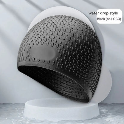 Silicone water drop swimming cap for adults shown in one of nine solid colours.
