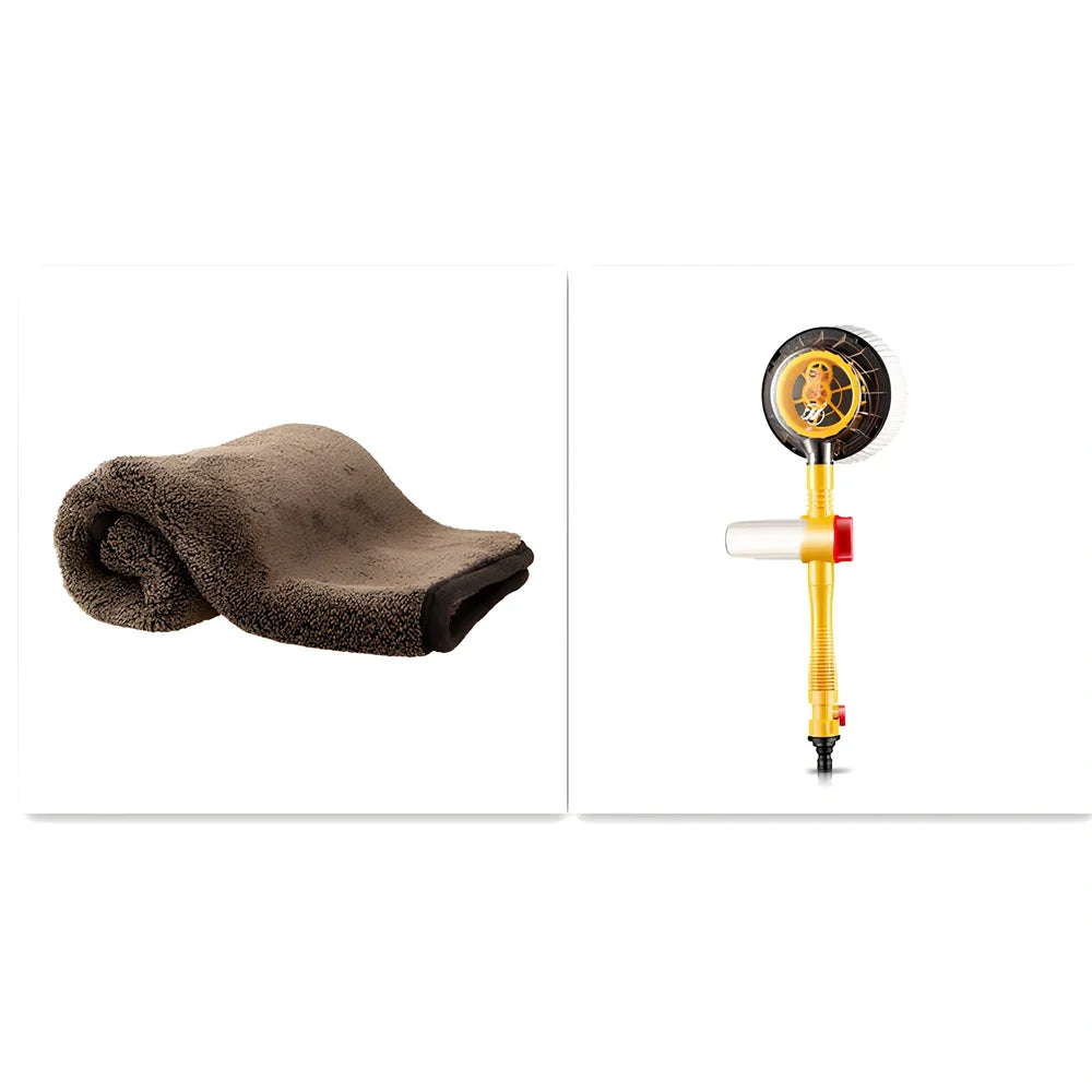 Yellow automatic rotating car wash brush with 130cm telescopic handle and 26cm chenille head for efficient vehicle cleaning