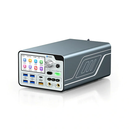 Smart voltage regulator power meter showing 3-inch display with power metrics and connection ports