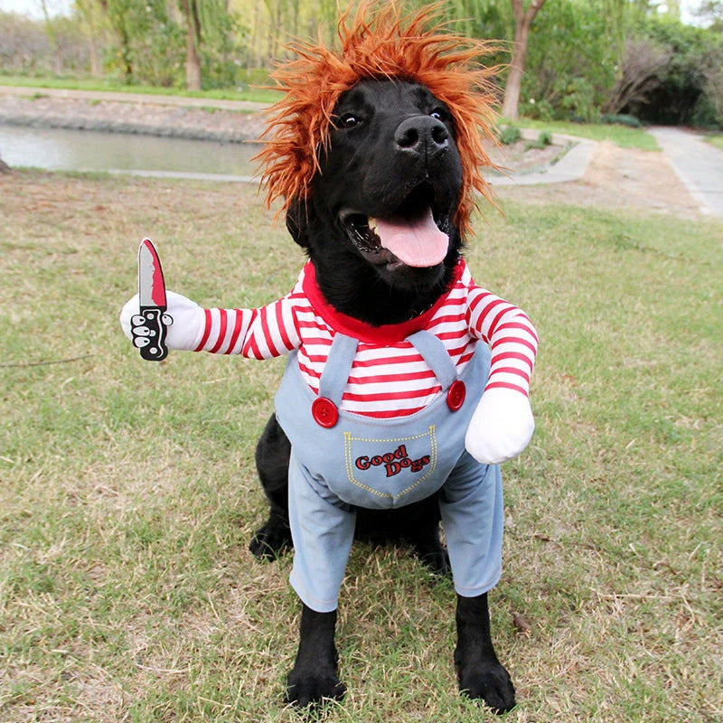 Adjustable polyester pet costume with wig and foam knife accessories, perfect for Halloween celebrations with your furry friend