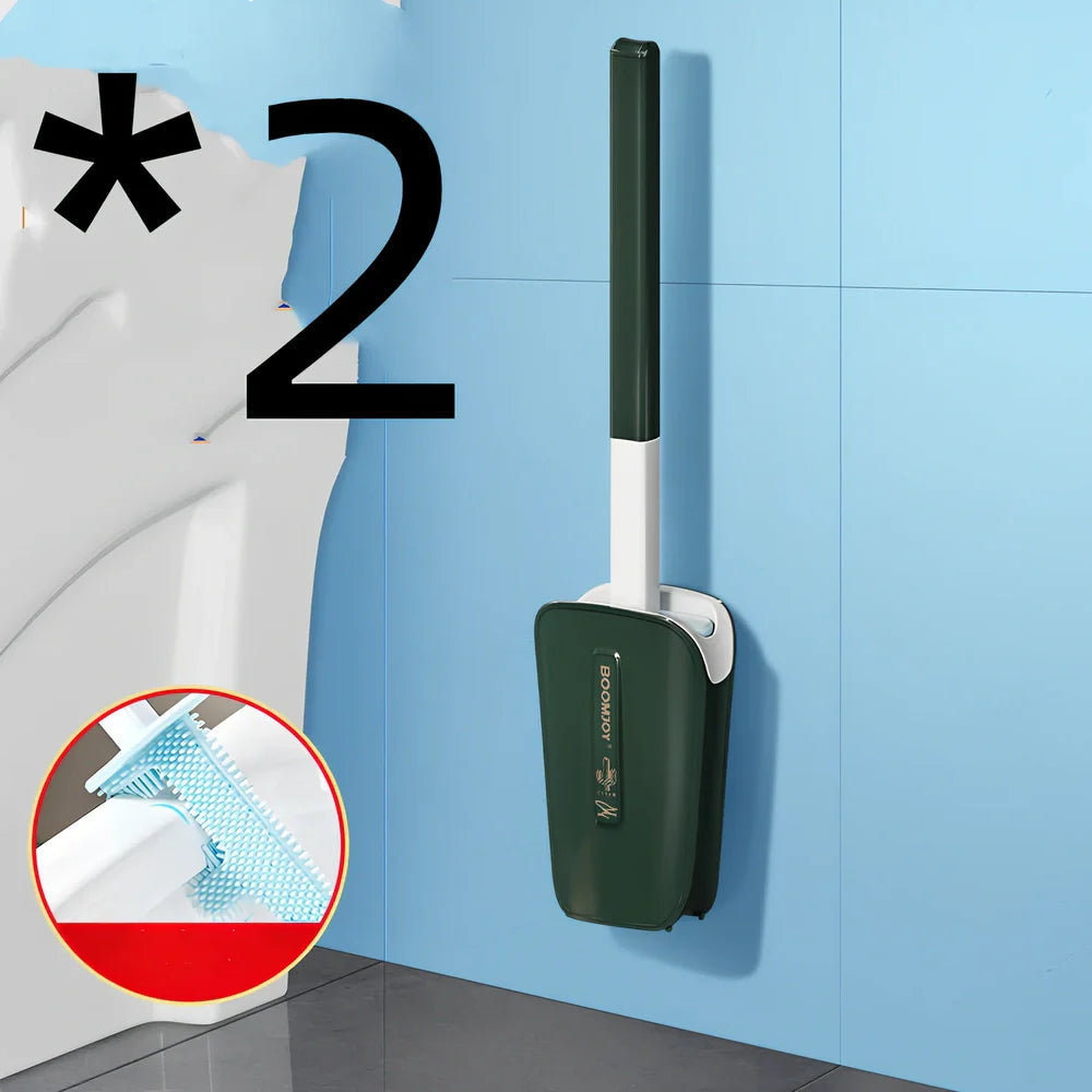 Blue toilet brush with angled TPR bristles in wall-mounted bucket for bathroom cleaning