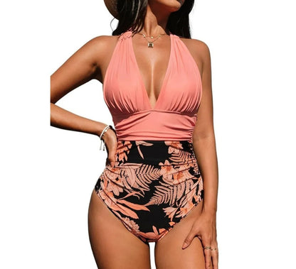 Women's halter neck one-piece swimsuit in quick-drying polyester fabric on a mannequin.