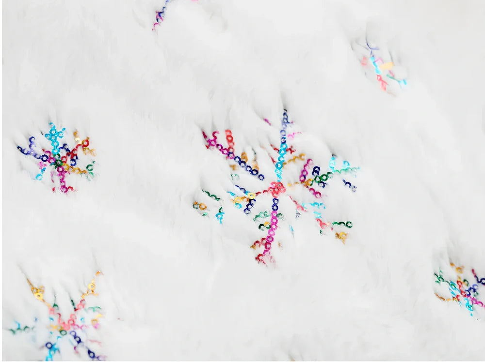 Christmas tree skirt with sequin embroidery and imitation rabbit fur trim in silver, gold, or colourful options