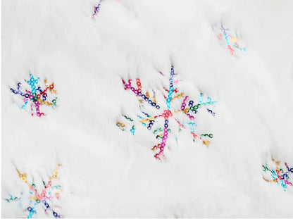 Christmas tree skirt with sequin embroidery and imitation rabbit fur trim in silver, gold, or colourful options
