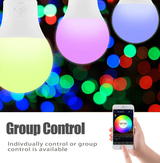 Round Bluetooth smart LED bulb with E27/B22 fittings, 60mm diameter, colour temperature adjustment 2700K-6500K