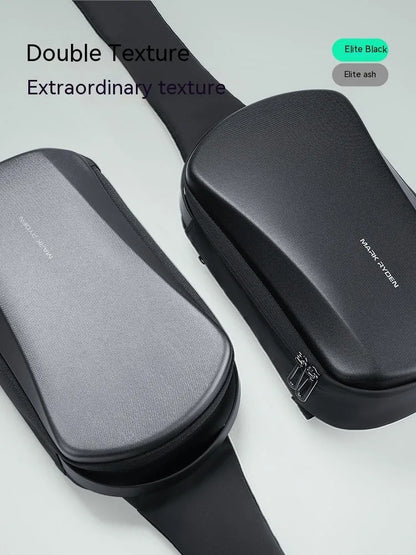 Men's hard shell chest bag in black or grey PU Oxford, 30x18x10cm, with adjustable 50-120cm shoulder strap