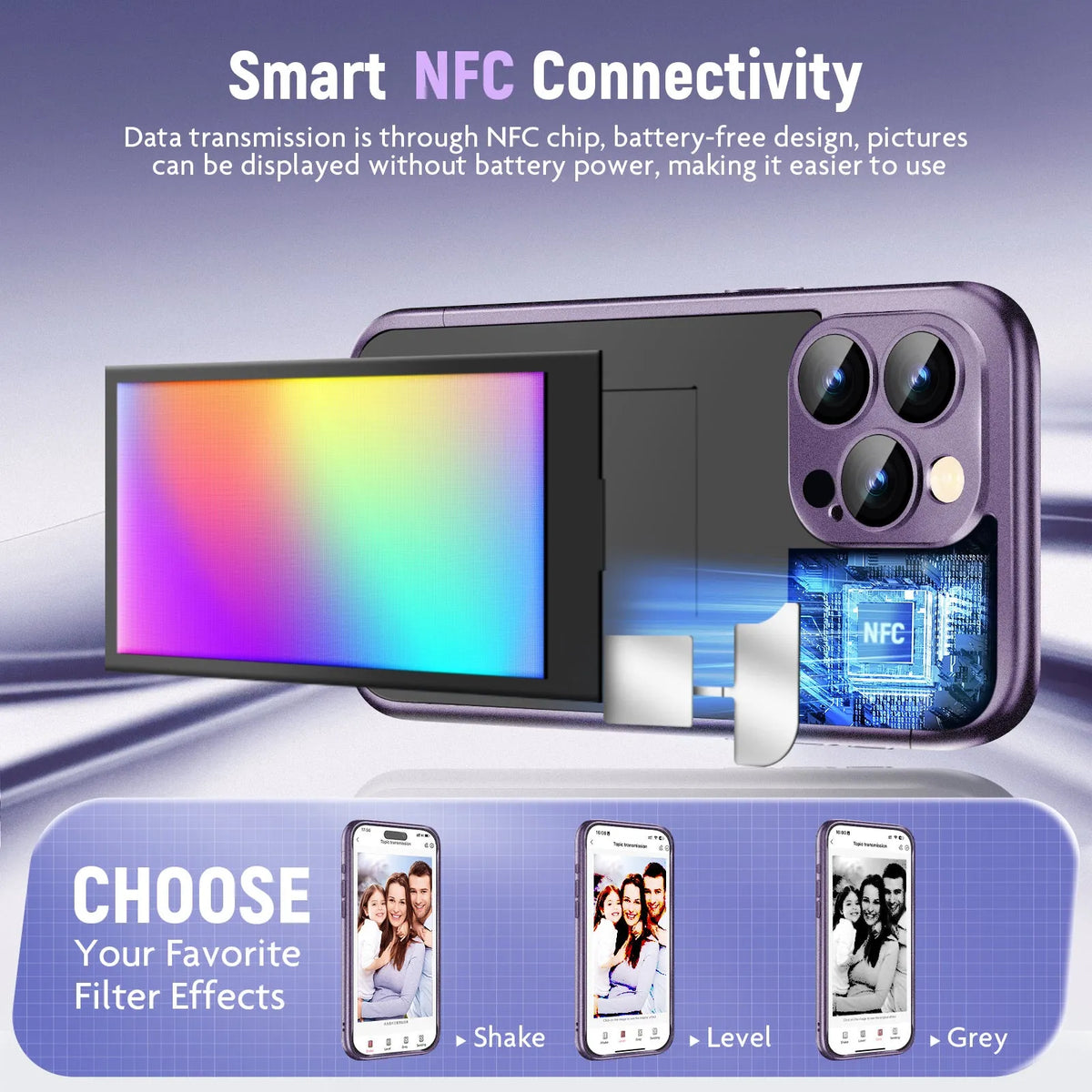 iPhone 15 Pro Max NFC ink screen flip phone case in black with DIY customisation elements visible