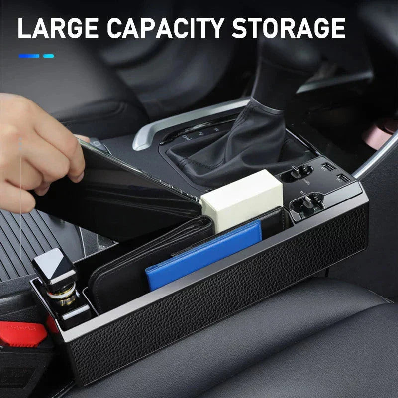 Car organizer with charging ports to store small items and keep devices powered up in vehicle