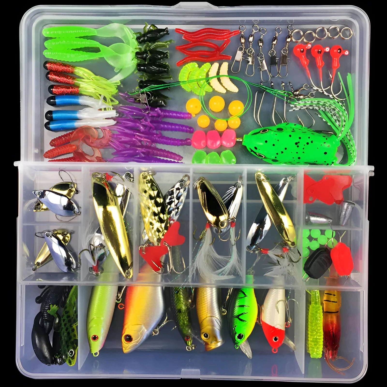 Junior fishing lure suit set in PP plastic box with multiple bait designs including thunder frog lures