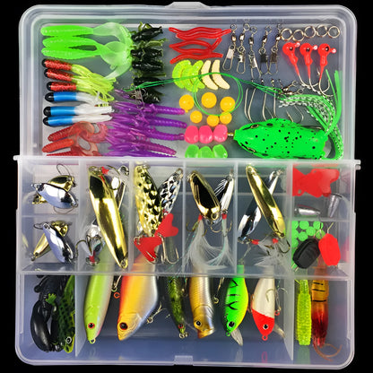 Junior fishing lure suit set in PP plastic box with multiple bait designs including thunder frog lures