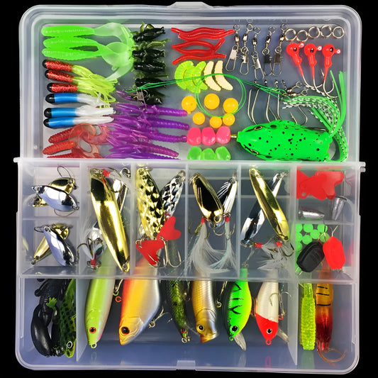 Junior fishing lure suit set in PP plastic box with multiple bait designs including thunder frog lures
