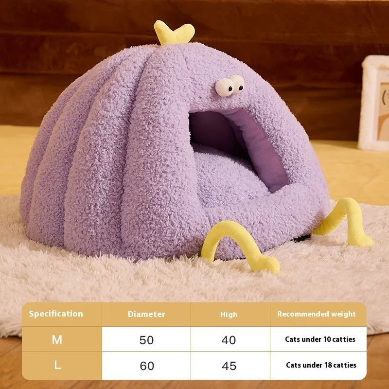 Monster-shaped semi-enclosed cat kennel in bubble velvet material available in green, purple and yellow colours