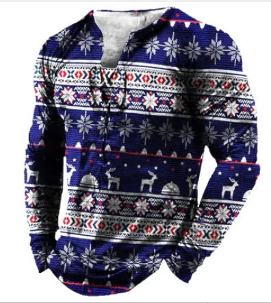 Men's long sleeved printed sports top with U-neck, polyester fibre fabric, sizes S to 4XL
