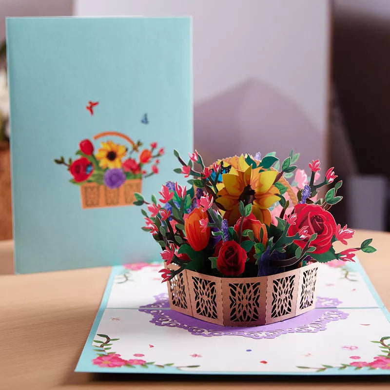 Handmade 3D PopUp Flower Bouquet Mother's Day Card with navy blue envelope