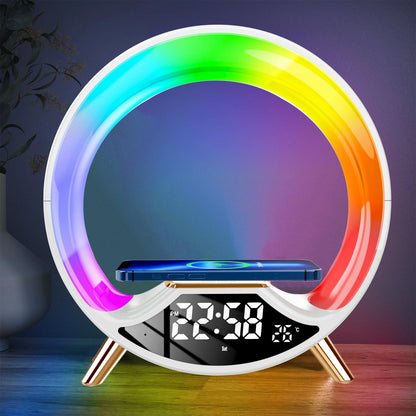 Versatile wireless charging nightlight with Bluetooth speaker, featuring adjustable lighting and compact design