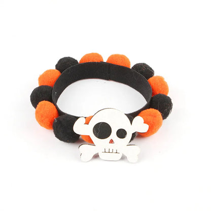 Halloween fur ball pet collar with pumpkin, pirate, witch and skull designs in six colour options