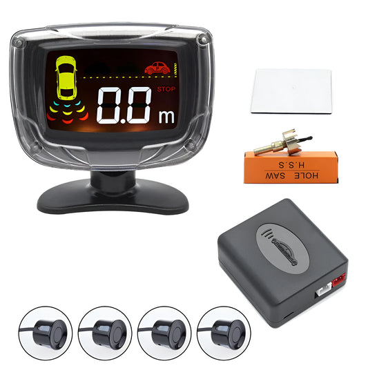 Black wireless vehicle reversing sensor system with LED display unit and four round probes.