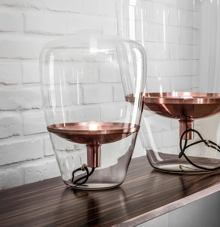 Scandinavian minimalist glass table lamp with iron body in gold, grey, rose gold or white colour options
