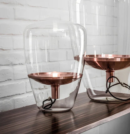 Scandinavian minimalist glass table lamp with iron body in gold, grey, rose gold or white colour options