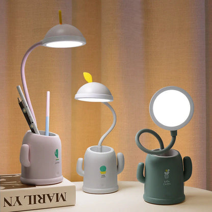 Cactus-shaped table lamp with pen holder and USB cable, available in green, pink, and grey