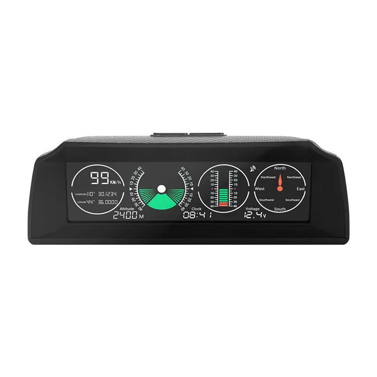 GPS GO 2 car heads-up display monitor showing speed, angle gradient, compass and altitude data on colour LCD screen