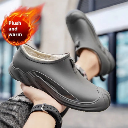 Men's short black plastic rain boots showing casual design and waterproof construction