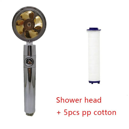 Chrome-finished ABS plastic water-saving shower head with a round, rotating spray head.