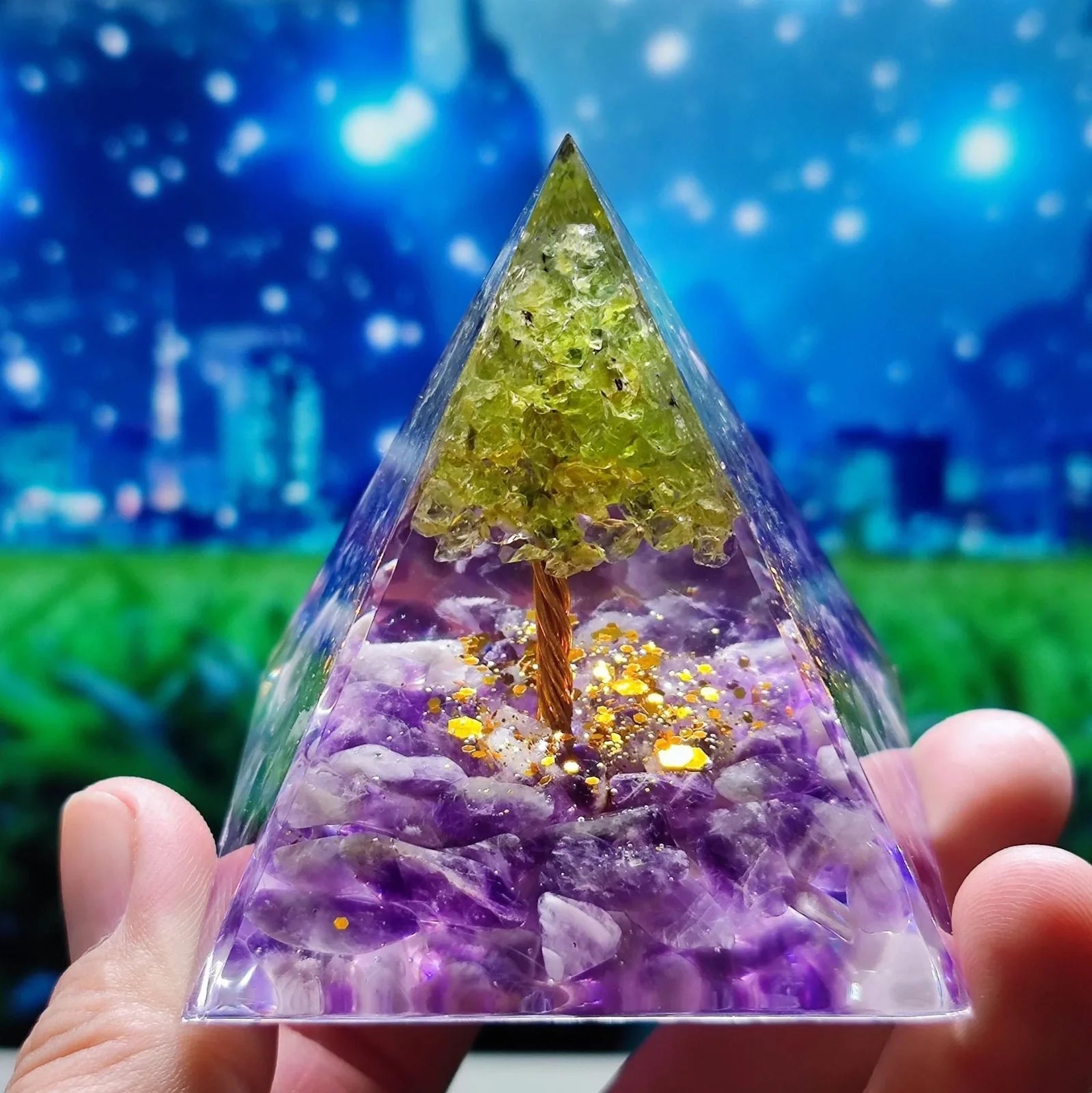 Crystal ball gravel pyramid resin artwork with 6cm diameter and 50mm base