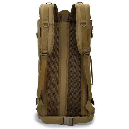 Camouflage tactical backpack with multiple compartments and MOLLE webbing on front and sides