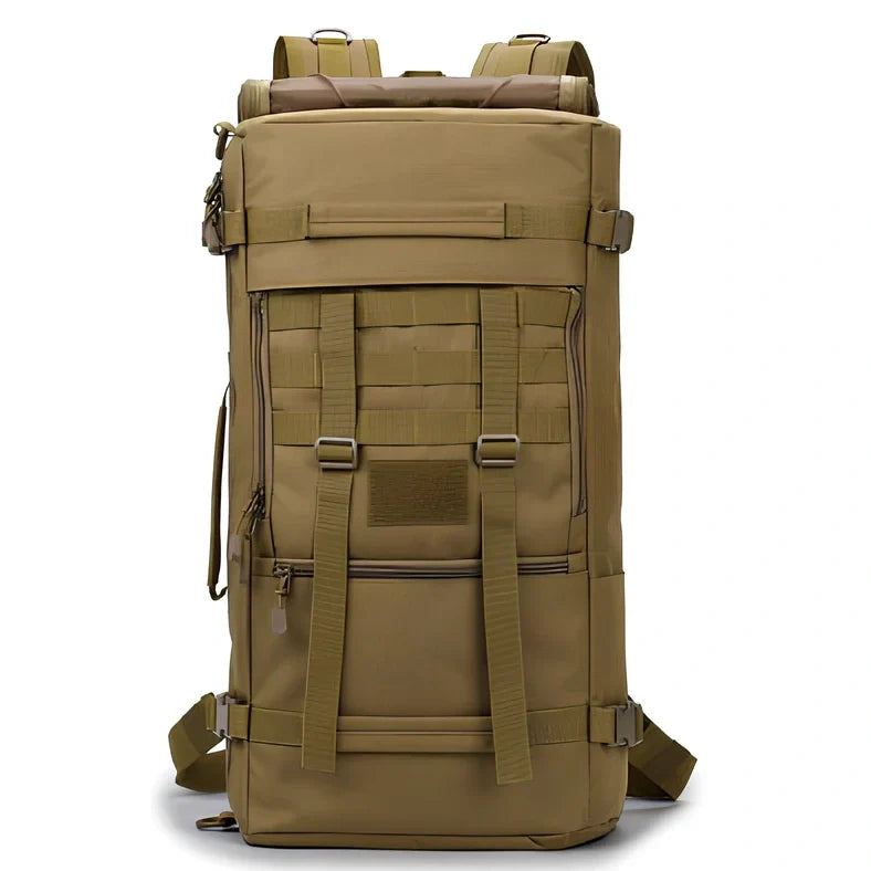 Camouflage tactical backpack with multiple compartments and MOLLE webbing on front and sides