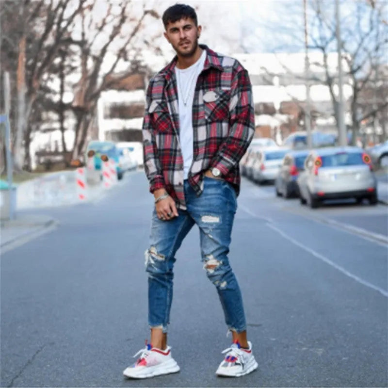 Men's distressed hole style jeans in deep blue cotton denim